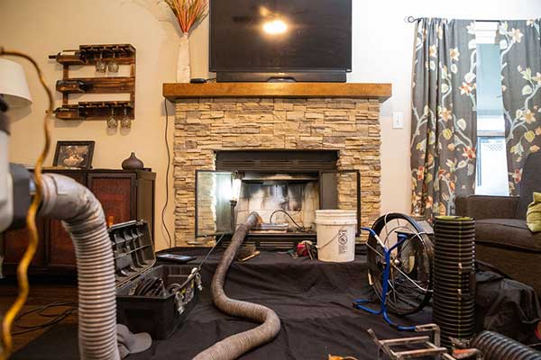 Chimney Sweeping equipment with limestone hearth and surround wood mantle with TV-Valley Park MO