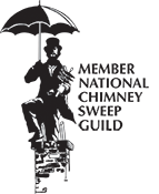 NCSG logo - Member National Chimney Sweep Guild Chimney Sweep sitting on chimney with umbrella