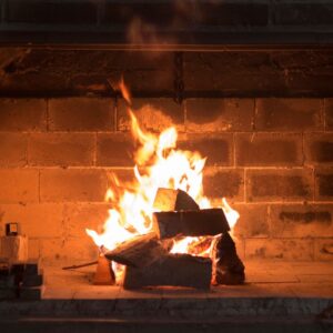 brick firebox with a wood-burning fire