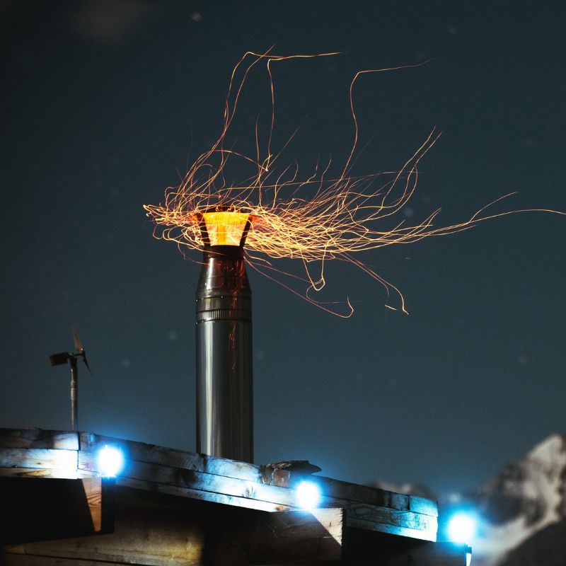 chimney liner with sparks and flames coming out the top