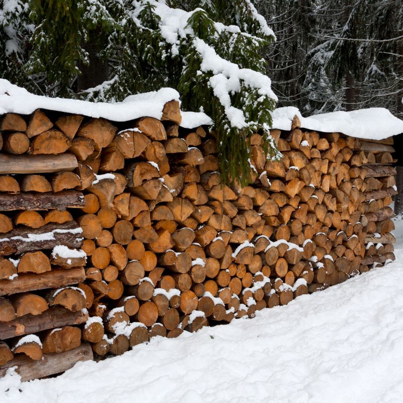 a large pile of wood logs stored outside with snow piled on top of the stack