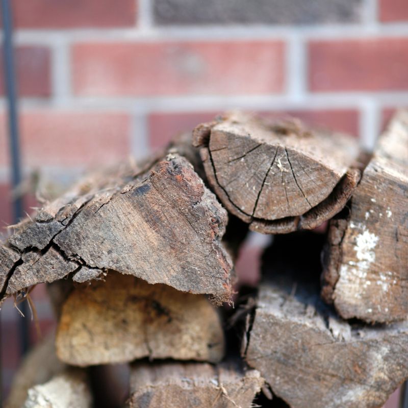 cut logs piled in front of a brick wall