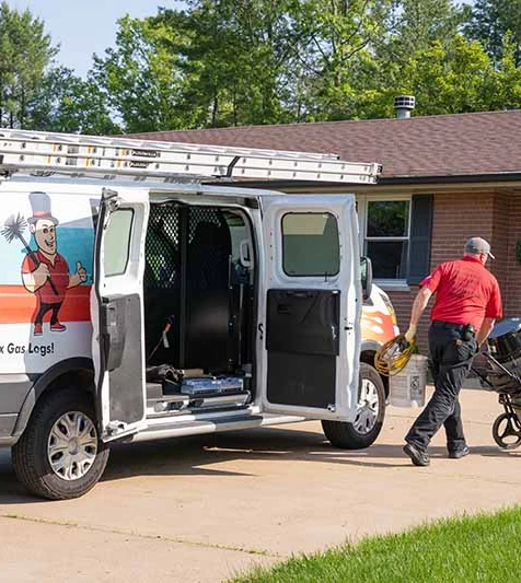 certified technitian image English Sweep van sitting outside a house. Technician is rolling a vacuum towards the garage door.