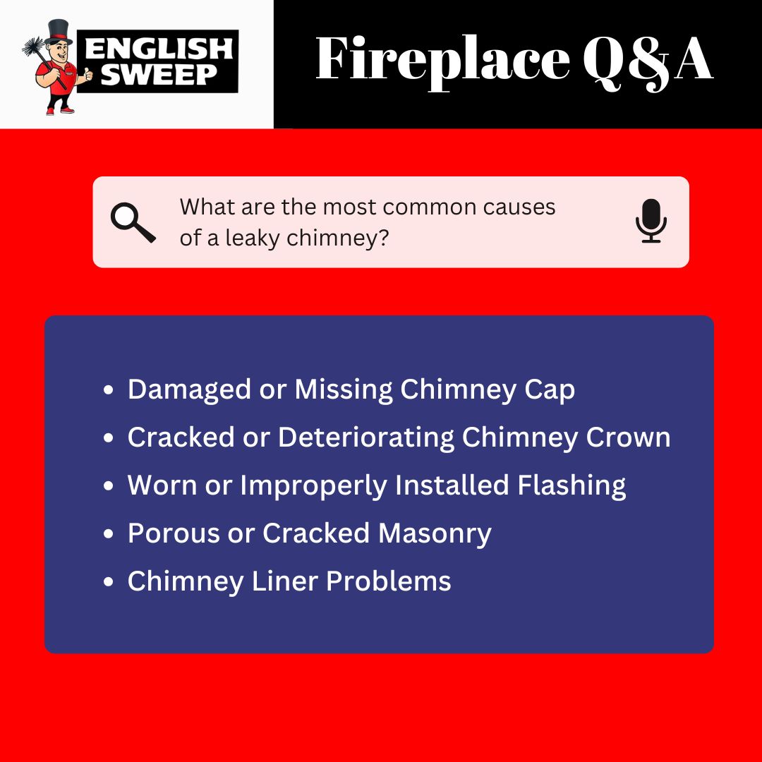 original graphic with a cartoon chimney sweep character in the top left corner, the text "Fireplace Q&A" in the top right, and a search icon and microphone icon flanking a question box in the center asking "What are the most common causes of a leaky chimney?". Below the question, in a dark blue rectangle, is a list of five bullet points detailing the causes: Damaged or Missing Chimney Cap, Cracked or Deteriorating Chimney Crown, Worn or Improperly Installed Flashing, Porous or Cracked Masonry, and Chimney Liner Problems. The background is a solid red. original graphic with a cartoon chimney sweep character in the top left corner, the text "Fireplace Q&A" in the top right, and a search icon and microphone icon flanking a question box in the center asking "What are the most common causes of a leaky chimney?". Below the question, in a dark blue rectangle, is a list of five bullet points detailing the causes: Damaged or Missing Chimney Cap, Cracked or Deteriorating Chimney Crown, Worn or Improperly Installed Flashing, Porous or Cracked Masonry, and Chimney Liner Problems. The background is a solid red.