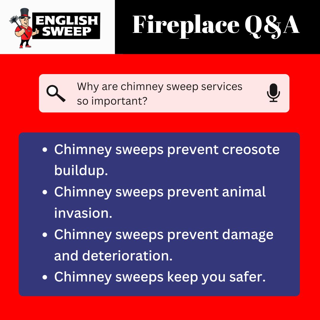 original informative graphic from English Sweep under the "Fireplace Q&A" series answers the question “Why are chimney sweep services so important?” shown in a search bar-style format. Below, a blue text box on a red background lists four key reasons: chimney sweeps prevent creosote buildup, prevent animal invasion, prevent damage and deterioration, and help keep you safer. The English Sweep logo featuring a cheerful chimney sweep character appears in the top left corner, reinforcing the company’s branding.