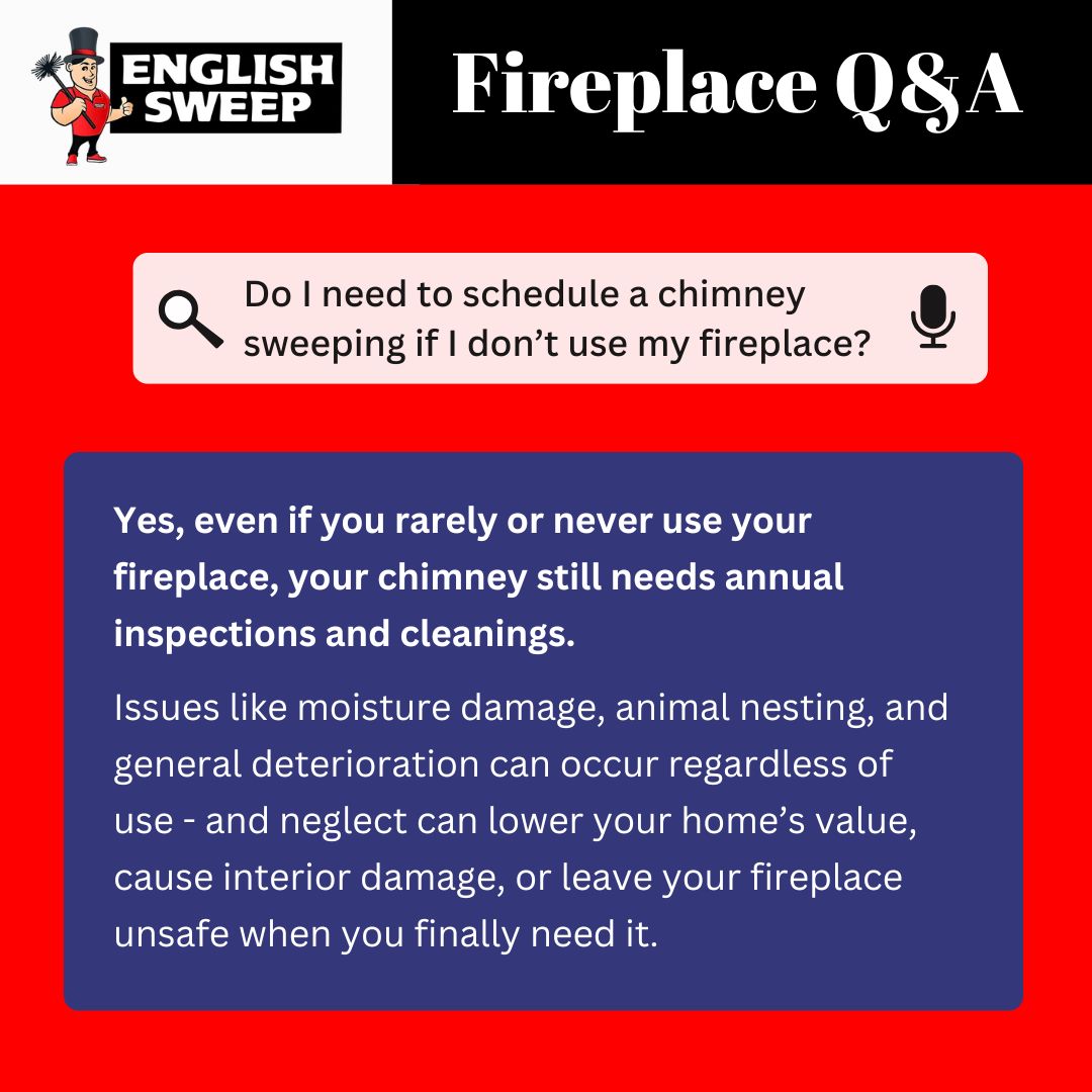 original infographic from English Sweep titled 'Fireplace Q&A' with a search bar question: 'Do I need to schedule a chimney sweeping if I don’t use my fireplace?' The answer reads: 'Yes, even if you rarely or never use your fireplace, your chimney still needs annual inspections and cleanings.' It explains that moisture damage, animal nesting, and deterioration can occur even without use, potentially lowering your home’s value, causing interior damage, or creating safety hazards when the fireplace is eventually used. original infographic from English Sweep titled 'Fireplace Q&A' with a search bar question: 'Do I need to schedule a chimney sweeping if I don’t use my fireplace?' The answer reads: 'Yes, even if you rarely or never use your fireplace, your chimney still needs annual inspections and cleanings.' It explains that moisture damage, animal nesting, and deterioration can occur even without use, potentially lowering your home’s value, causing interior damage, or creating safety hazards when the fireplace is eventually used.