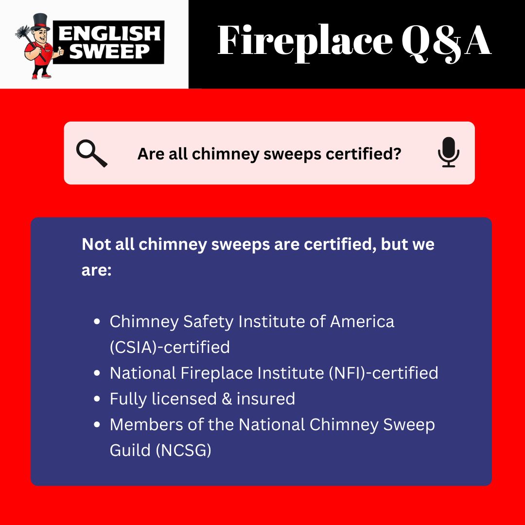 Original infographic detailing English Sweep certifications and memberships Original infographic from English Sweep titled "Fireplace Q&A" features the question "Why do gas fireplaces need annual servicing and inspections?" in a search bar with a microphone icon. Below, a blue box states: “Gas fireplaces need to be serviced and inspectioned on an annual basis. Despite their clean-burning and low maintenance reputation, gas fireplaces still have gas lines, ignition systems, and flues - all of which can pose risks or cause malfunctions if not properly maintained.” The background is red and black, and the English Sweep logo with a chimney sweep cartoon character appears in the top left.
