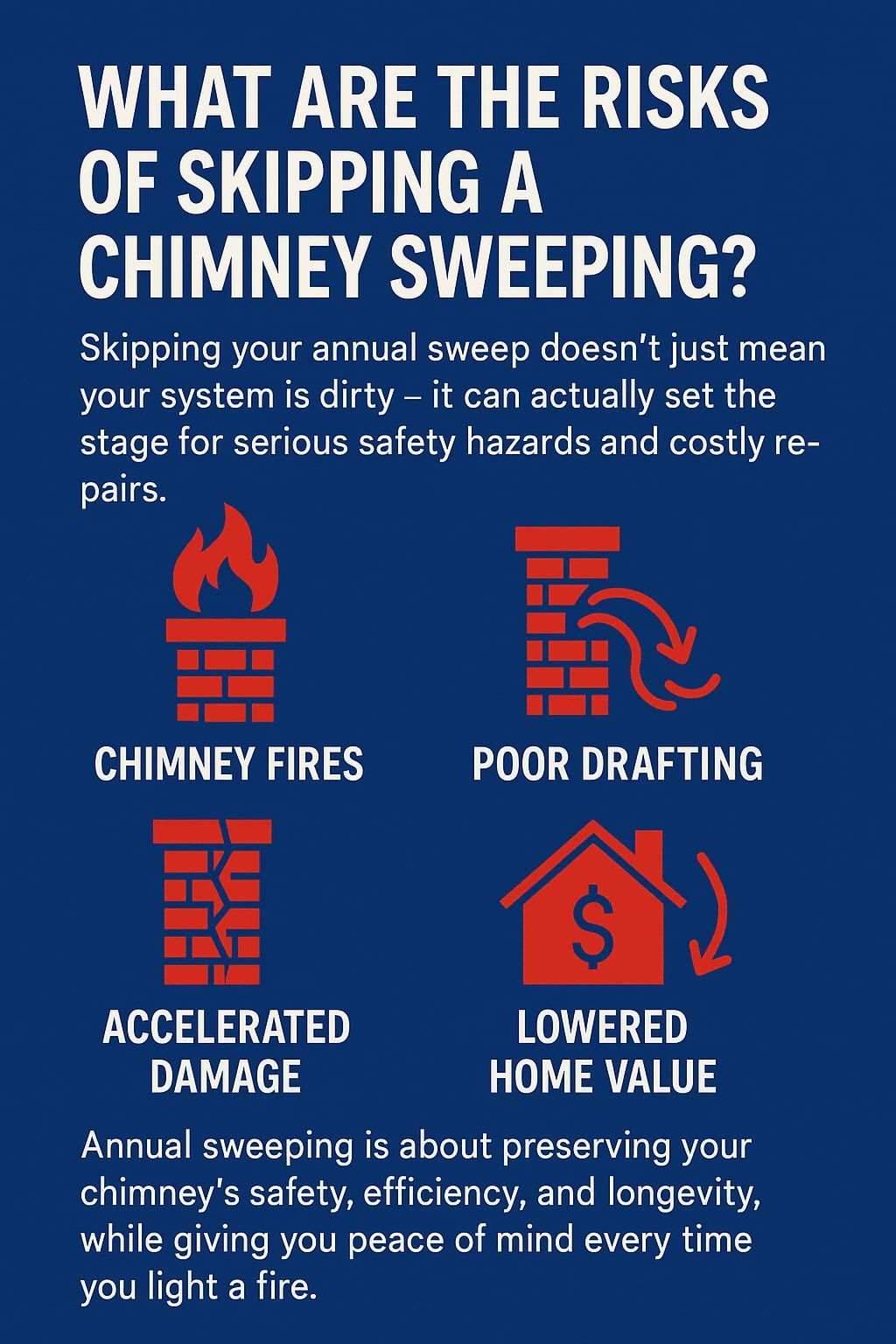 original infographic has a dark blue background with bold white and red text and icons, explaining the dangers of skipping an annual chimney sweeping. At the top, in large white capital letters, the title reads “WHAT ARE THE RISKS OF SKIPPING A CHIMNEY SWEEPING?” Below, smaller text explains that neglecting sweeping can lead to serious safety hazards and costly repairs. Four red icons with brick chimney or house imagery illustrate the risks: a chimney with flames for “CHIMNEY FIRES,” a chimney with a circular arrow for “POOR DRAFTING,” a cracked chimney for “ACCELERATED DAMAGE,” and a house with a dollar sign and downward arrow for “LOWERED HOME VALUE.” At the bottom, white text emphasizes that annual sweeping preserves safety, efficiency, and longevity of the chimney while offering peace of mind when using the fireplace.