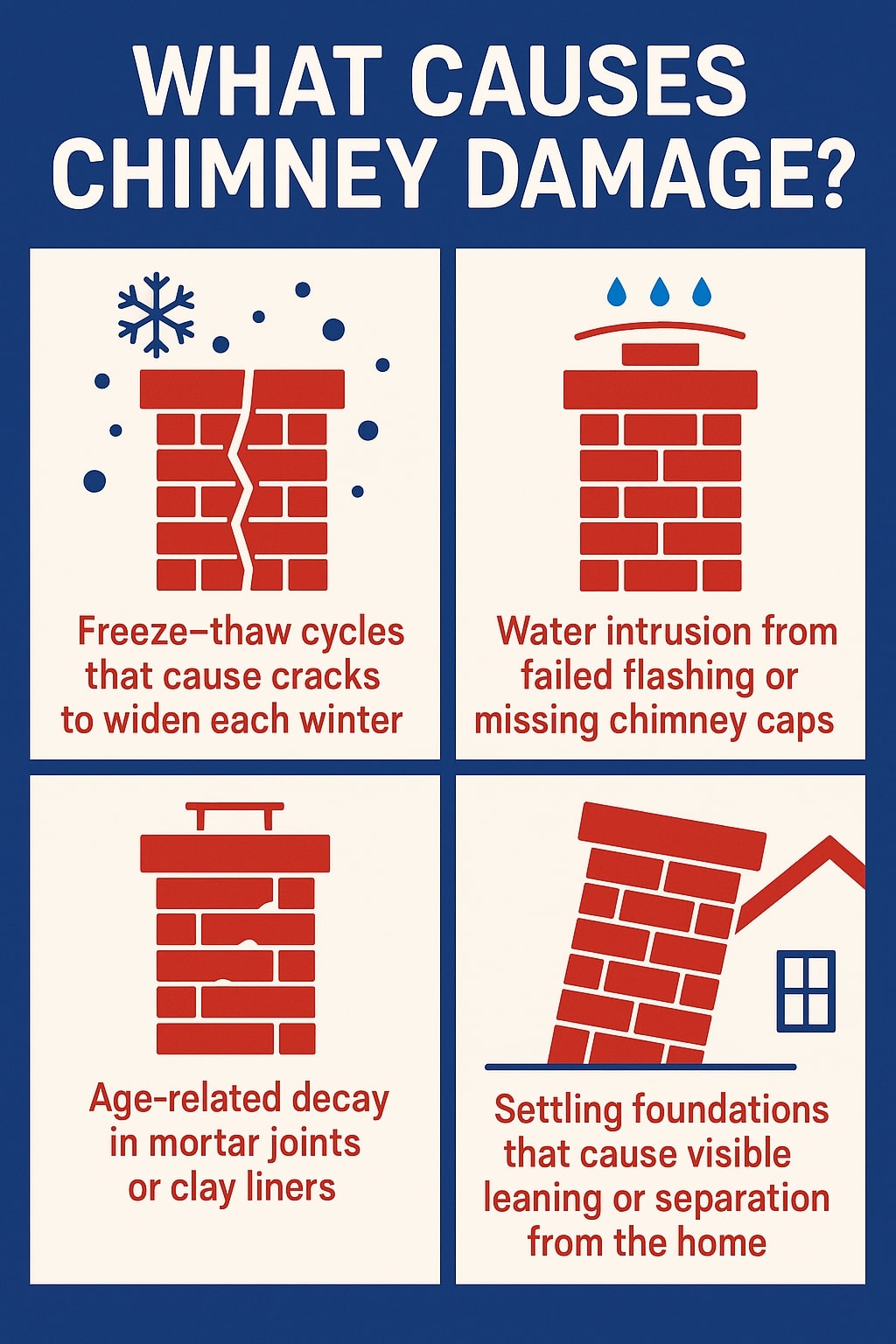 Original infographic with a navy blue background and white boxes featuring red and blue illustrations explaining chimney damage causes. The top title reads in bold white text: “WHAT CAUSES CHIMNEY DAMAGE?” The first box shows a red brick chimney with a crack and blue snowflake symbols, labeled “Freeze–thaw cycles that cause cracks to widen each winter.” The second shows a red brick chimney with blue water droplets falling onto it, captioned “Water intrusion from failed flashing or missing chimney caps.” The third box depicts a red chimney with crumbling bricks, labeled “Age-related decay in mortar joints or clay liners.” The fourth shows a tilted red chimney separating from a house roof, captioned “Settling foundations that cause visible leaning or separation from the home.”<br />
