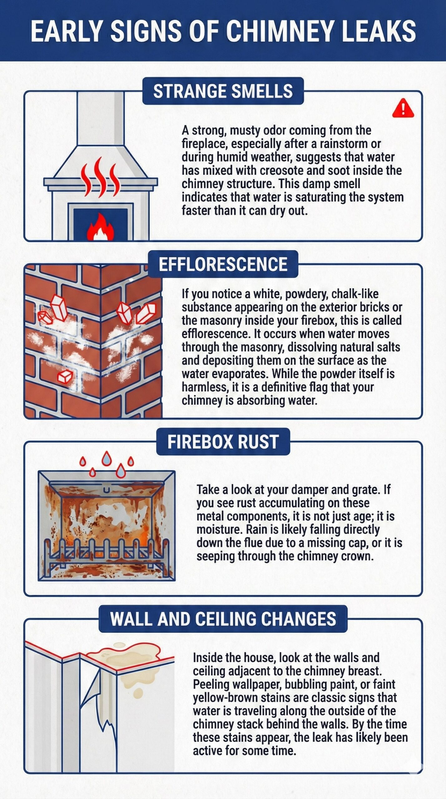 original infographic titled Early Signs of Chimney Leaks featuring a vertical layout with a navy blue header and four distinct panels illustrating potential issues. The first panel, titled Strange Smells, shows a fireplace icon with wavy scent lines and a red warning symbol alongside text explaining that musty odors after rain suggest water mixing with creosote. The second panel, Efflorescence, depicts a brick chimney section covered in white, powdery patches, describing how water dissolves salts and deposits them on the surface. The third panel, labeled Firebox Rust, illustrates a fireplace interior with textured orange-brown rust accumulating on the metal grate and damper under dripping water, indicating moisture intrusion from a missing cap or crown. The final panel, Wall and Ceiling Changes, displays a corner of a room with peeling wallpaper and a yellow-brown water stain on the ceiling, noting that these are classic signs of water traveling behind walls.